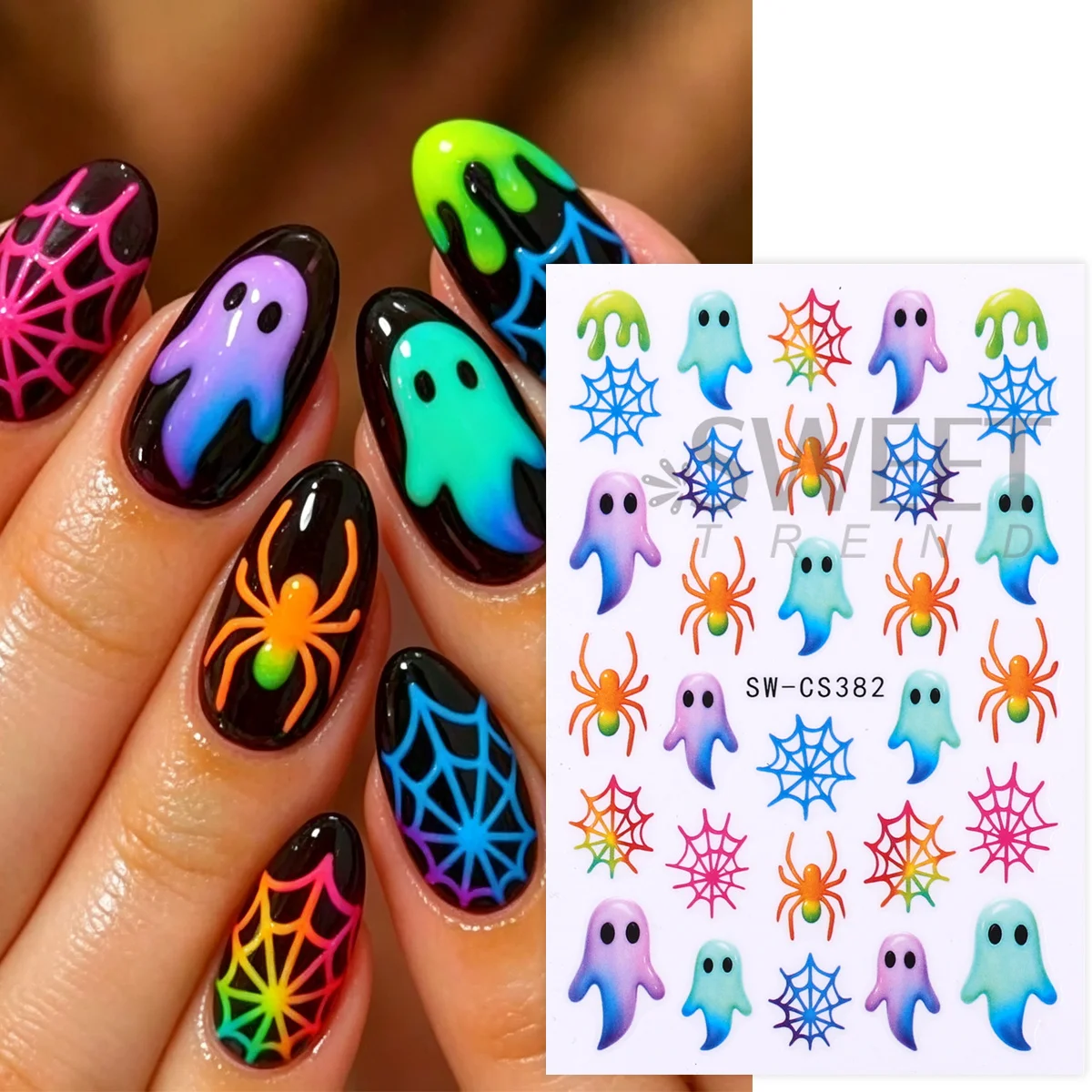 2pcs Cute Gradient Ghost Nail Decals Spider Web Spooky Green Spiders Stickers Halloween Party Trending Manicure DIY Decor Foils