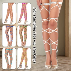 1 Pair Metallic Shiny Leg Wraps Thigh Band for Women with O-Ring Cross Lace-up Garter Belt Thigh-high Rave Wraps Strappy Tights