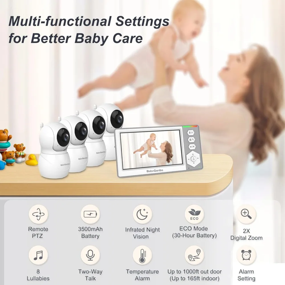 Baby Monitor with 4 Cameras Standby for 23-Hour Battery, Remote Control 4.3'' IPS Video Baby Monitor No WiFi Up to 1000ft Range,