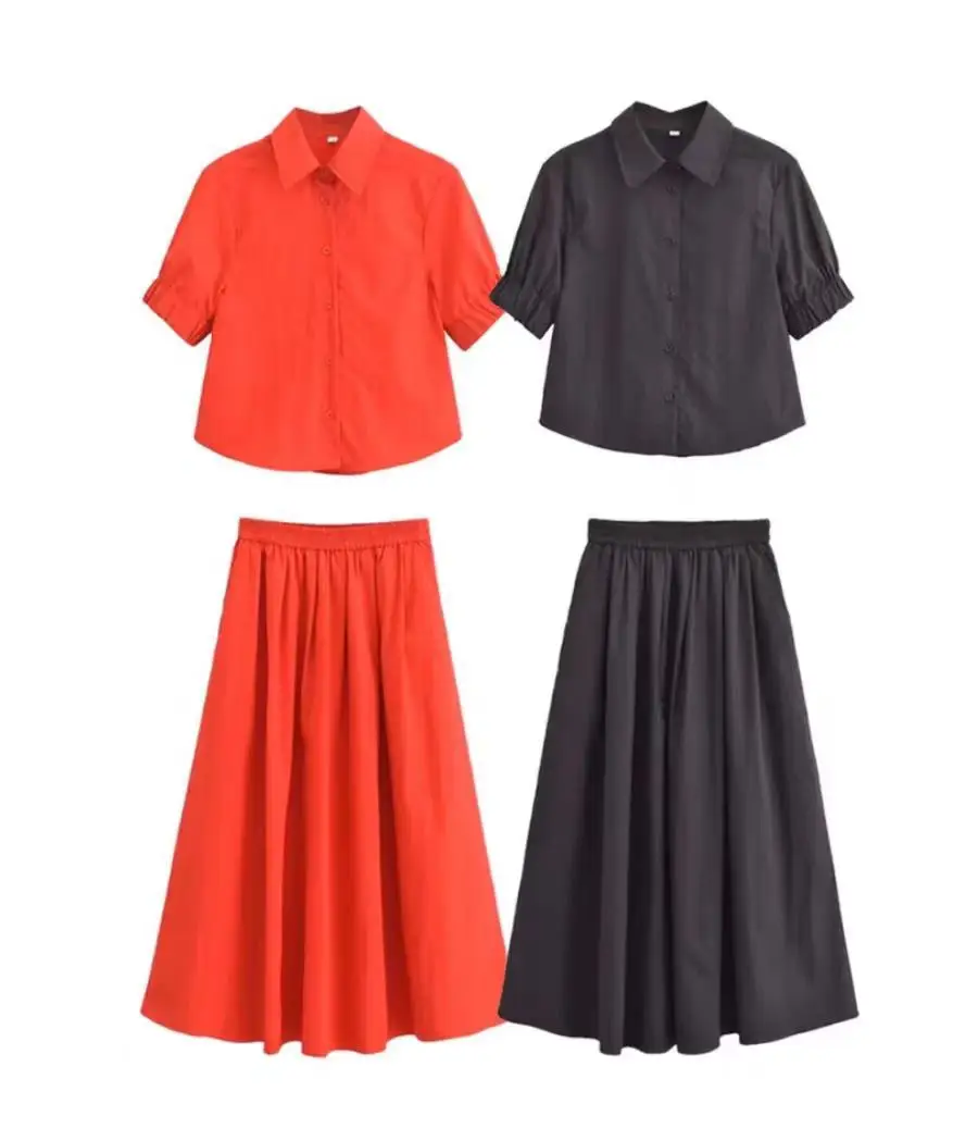 European and American cross-border women\'s clothing French high-end lapel short-sleeved casual shirt high-waist versatile skirt