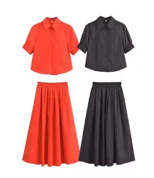 European and American cross-border women's clothing French high-end lapel short-sleeved casual shirt high-waist versatile skirt