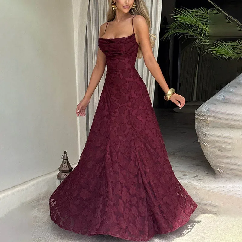 2025 Nuovo vestito da partito sexy con lacci senza schienale Donna Moda Jacquard all'uncinetto Abiti lunghi in pizzo Abito estivo elegante senza maniche Boho