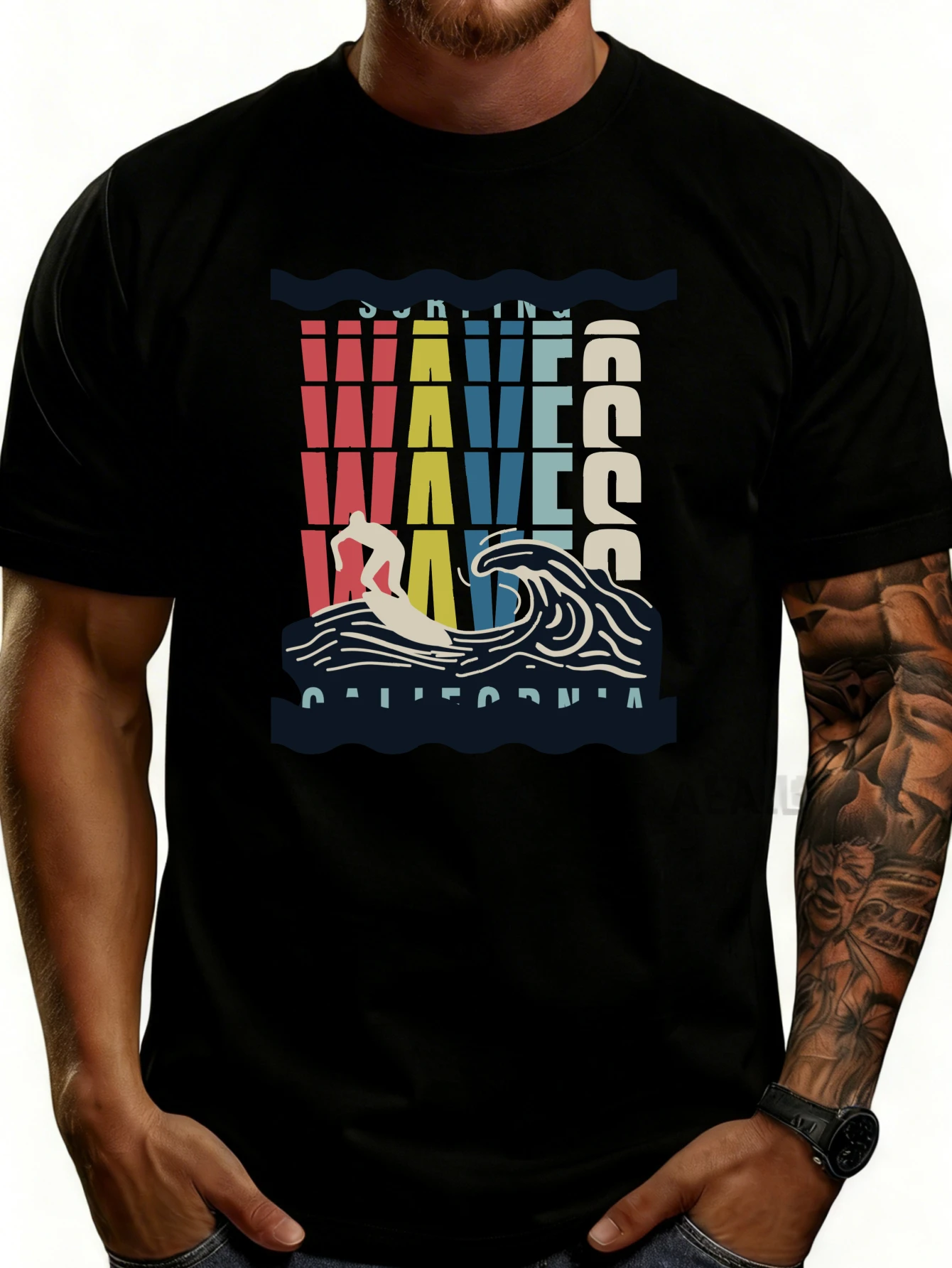 Vintage Surf-Style Men's T-Shirt with Wave and Surfer Motifs, Perfect for Surfing Enthusiasts and Adventure Seekers for Summer Beach Wear.