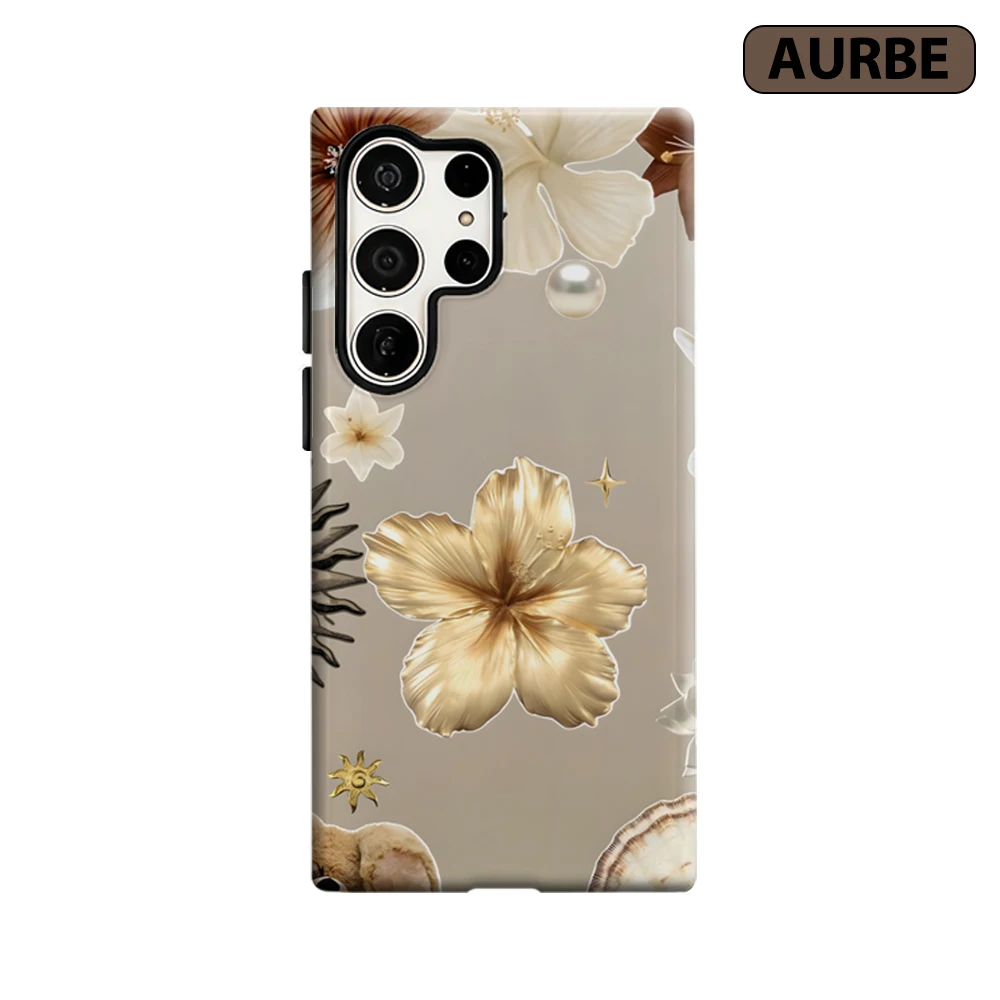 Golden Hibiscus & Shells Phone Case for Samsung Galaxy S26 S25 Ultra S24 S23 Ultra Plus Shockproof Double Layer Tough Back Cover
