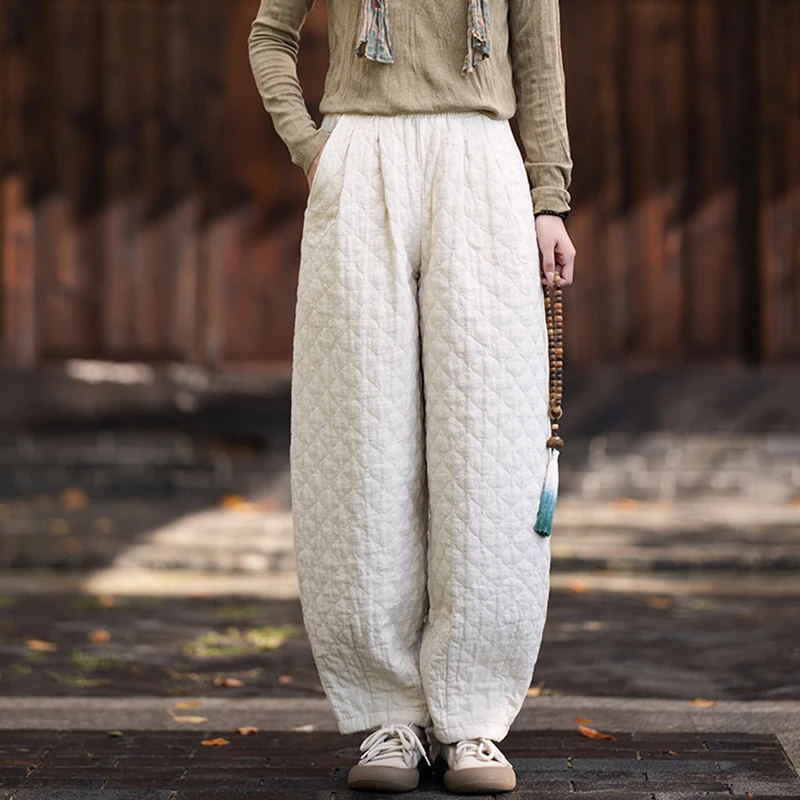 Women Quilted Linen Cotton Harem Pants Winter Warm Elastic Waist Wide Leg Baggy Trousers Chinese Style Loose Casual Pants M3038