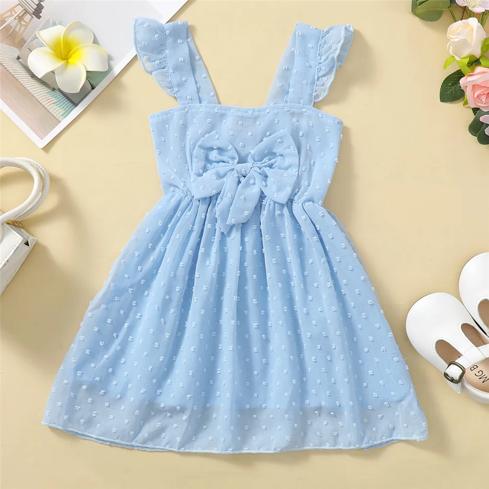 1-6 Year Children\'s Girls Summer Suspender Dress Blue Bow Chiffon Ruffle Fashionable Dress Girls Seaside Vacation Party Dress