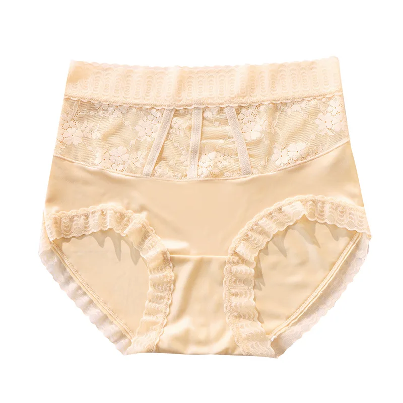Hollow Lace High Waist Women Panties Patchwork Pure Cotton Silk Crotch Plus Size Female Triangle Underwear