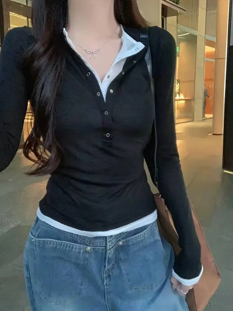 American Sle Henry Collar Long Sleeve T-Shirt Women's Autumn Winter Inner Wear Base Shirt Spicy Girl Slim Fit Color Block NNW8