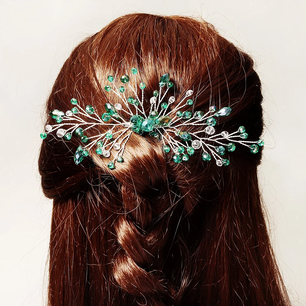 Handmade Green Crystal Branch Headpiece for Women Bridal Emerald Rhinestone Hair Pin Wedding Party Prom Fashion Hair Accessories