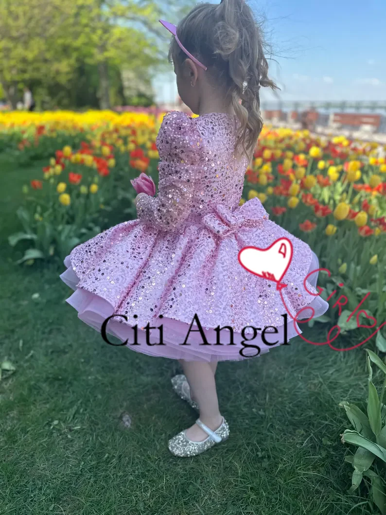 

Luxurious Pink Flower Girl Dress Beadings Princess Ball Gown Baby Girl Birthday Party Dresses Glitter First Communion Dress