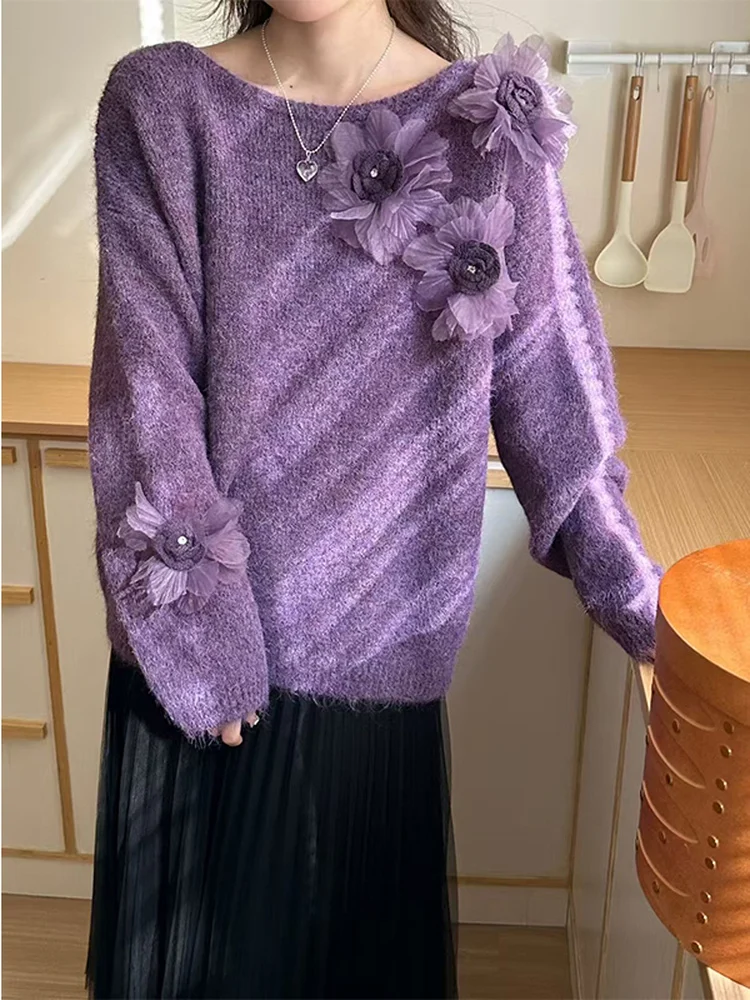 

Ladies Thiened Loose Knitted Sweater Winter New Sle Comfortable Lazy Feel Polyester Fiber Long Sve round Ne Top