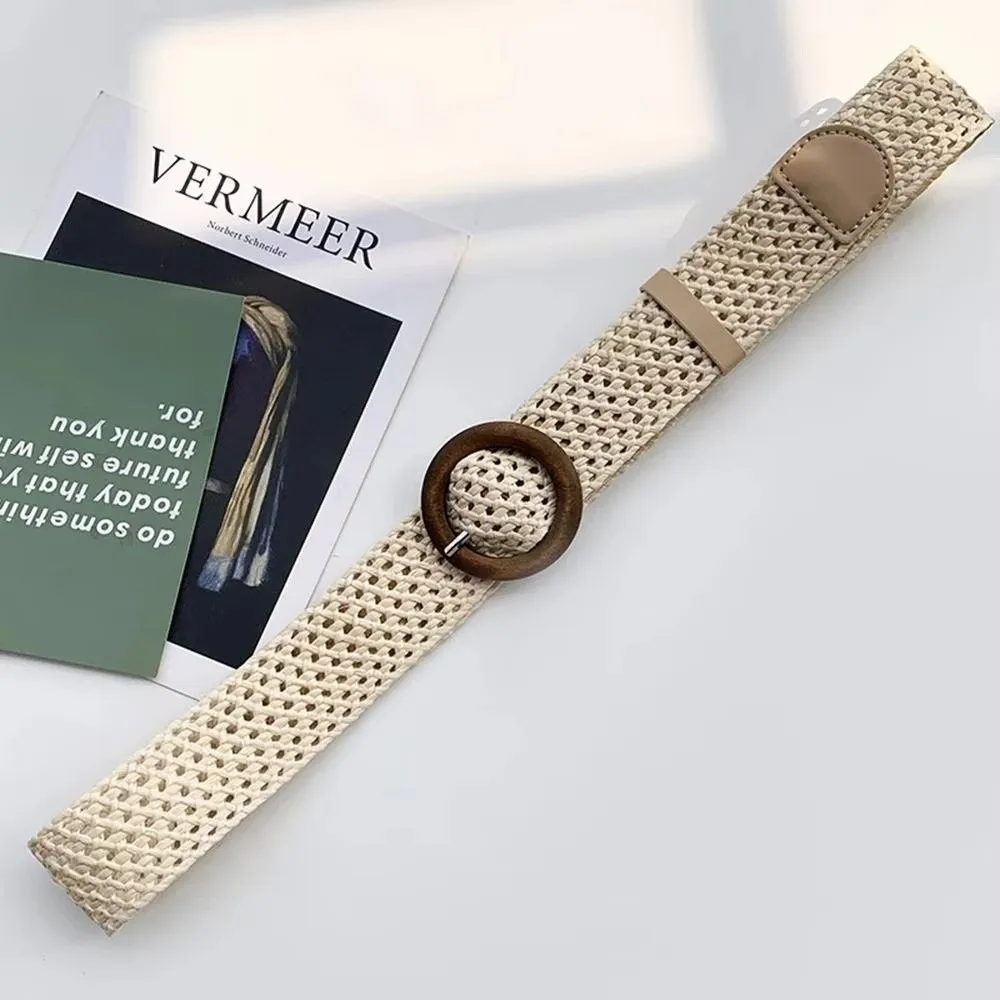 Retro Straw Waist Belt Wide Round Buckle Woven Waistband Hollow Out Handmade Braided Belt for Holiday