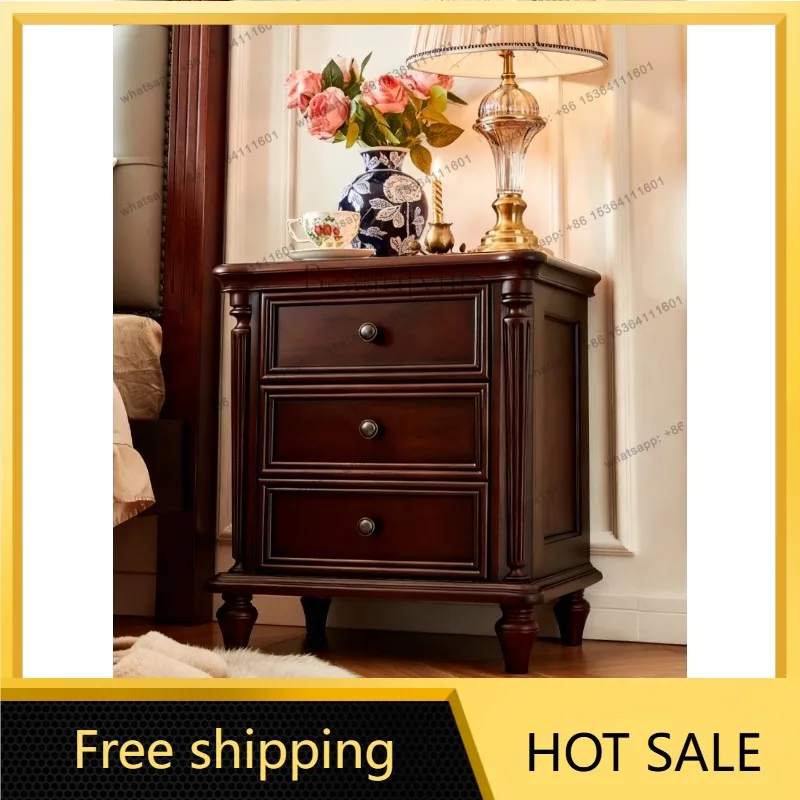 YJ American Style Full Solid Wood Nightstand Walnut Wood Vintage Black Integrated Safe Storage Bedside Cabinet For Home Bedroom
