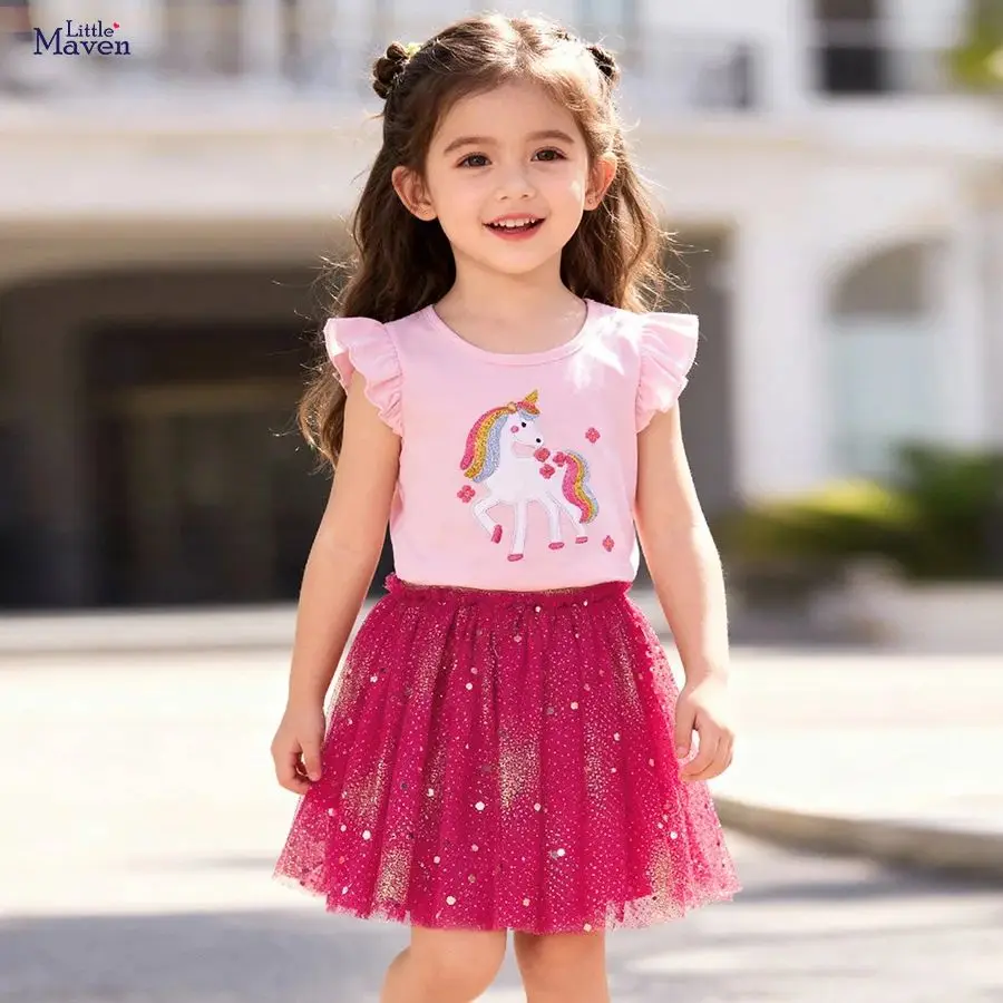 

New Unicorn Children Girls Clothes Set Summer Unicorn T-Shirt With Sequins Tulle Tutu Skirt Casual Birthday Party Kids Clothing