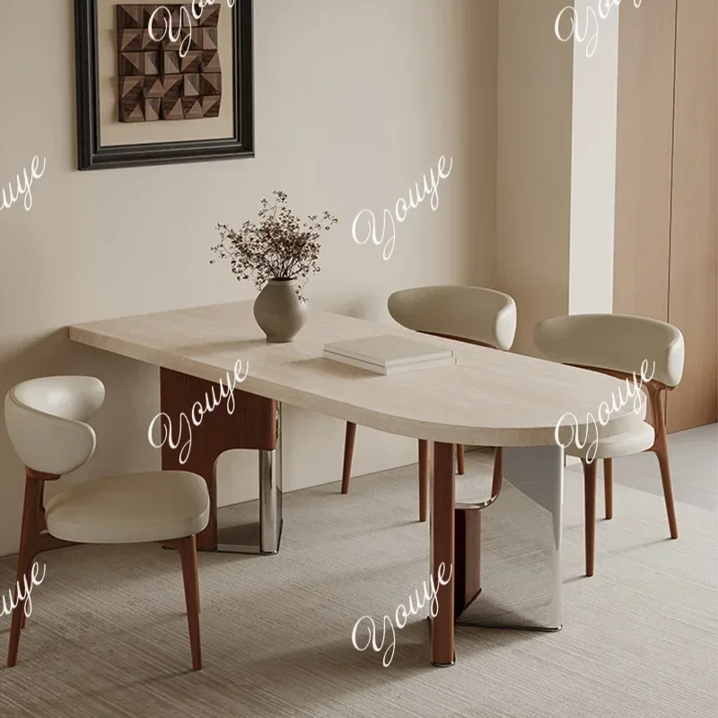 N44 French Antique Semi-round Dining Table High-end Retro Island Small Apartment Against The Wall Island Matte Travertine Rock S