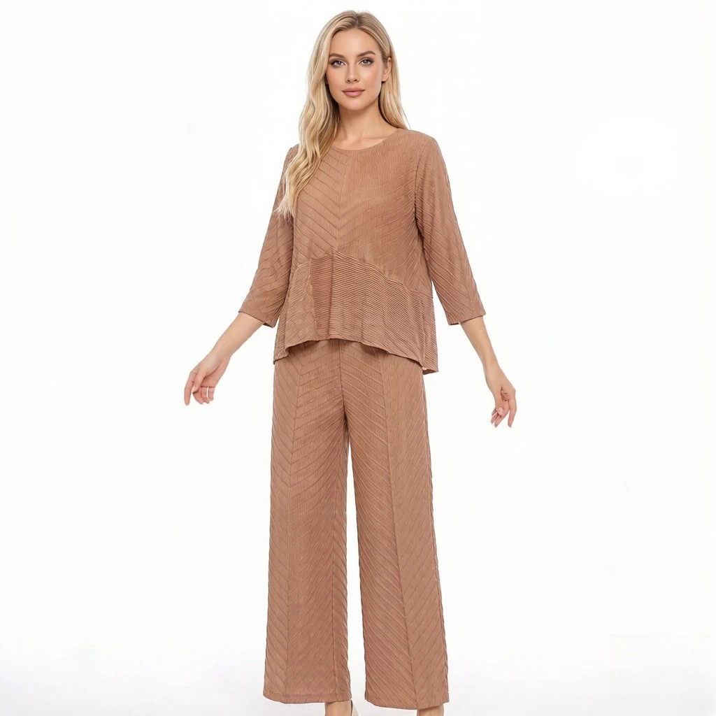 

Miyake Pleated 2026 T-Shirt Spring Summer New Women's Fashion Two-Piece Set Loose Splicing Top Casual Pleated Pants Set Pleat