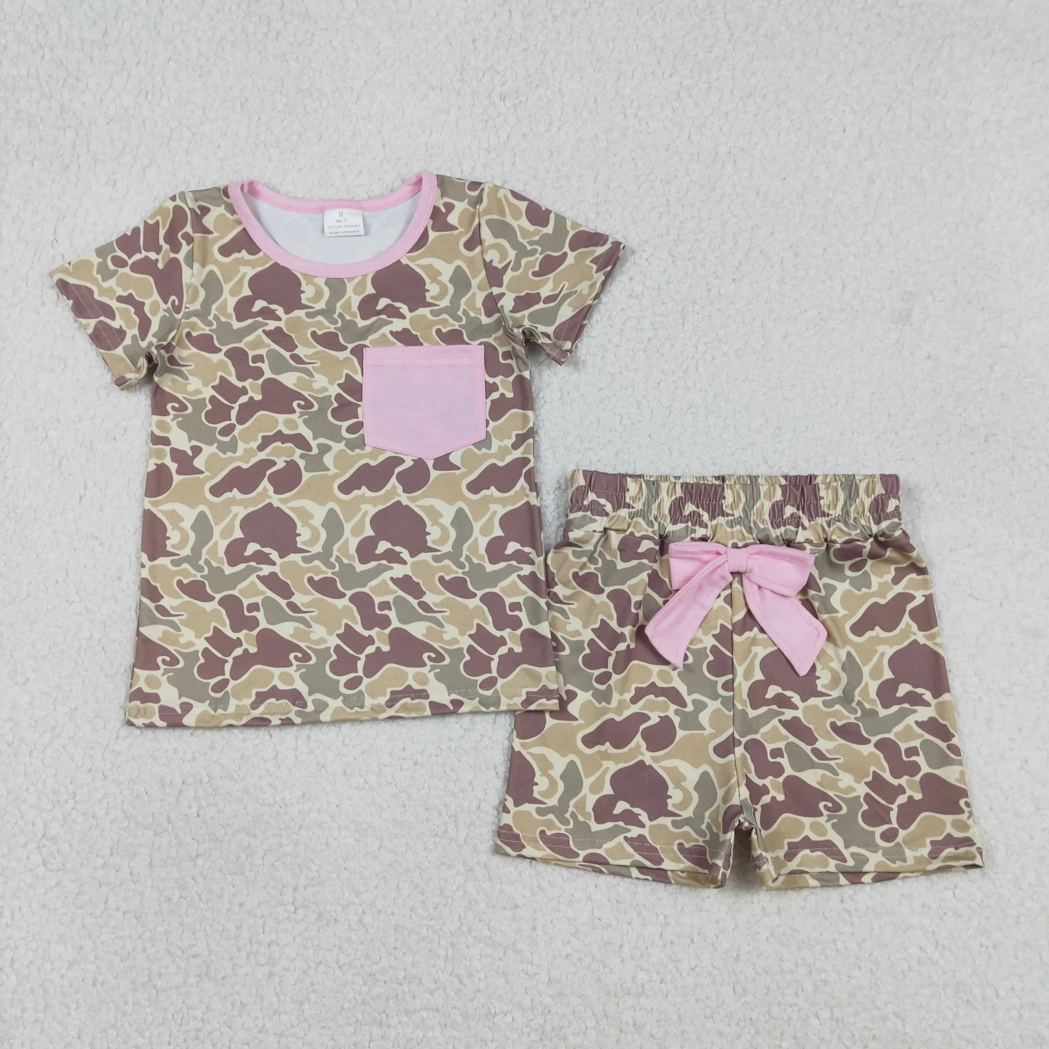 

z1226-03 GSSO2994 Wholesale Boutique kids clothes girl camouflage bow short sleeve shorts Set Summer Children clothing
