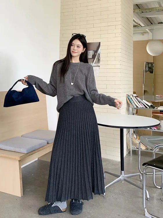 

plus Size Lazy Sle Casual Knitted Pleated Midi Skirt Women's Autumn Winter New Slimming High Waist Knitted Skirt