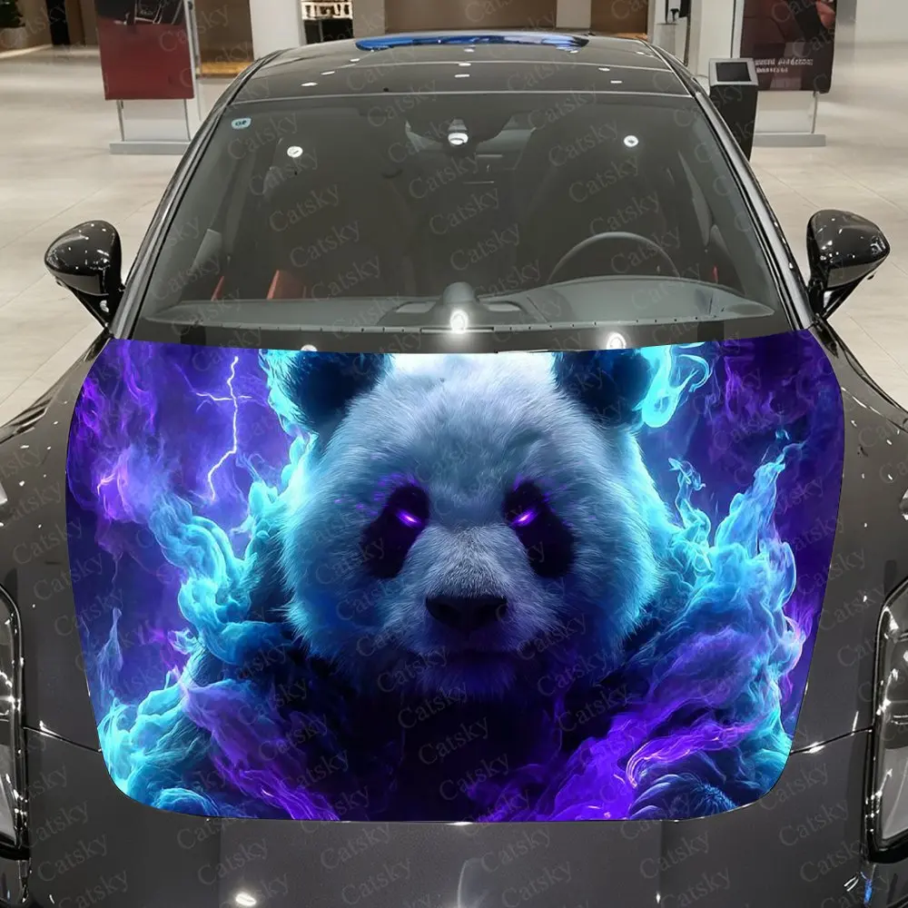 Ghostly Blue Flame Panda Car Vinyl Wrap, PVC Waterproof Car Hood Sticker, Self-Adhesive Scratch-Resistant Stickers