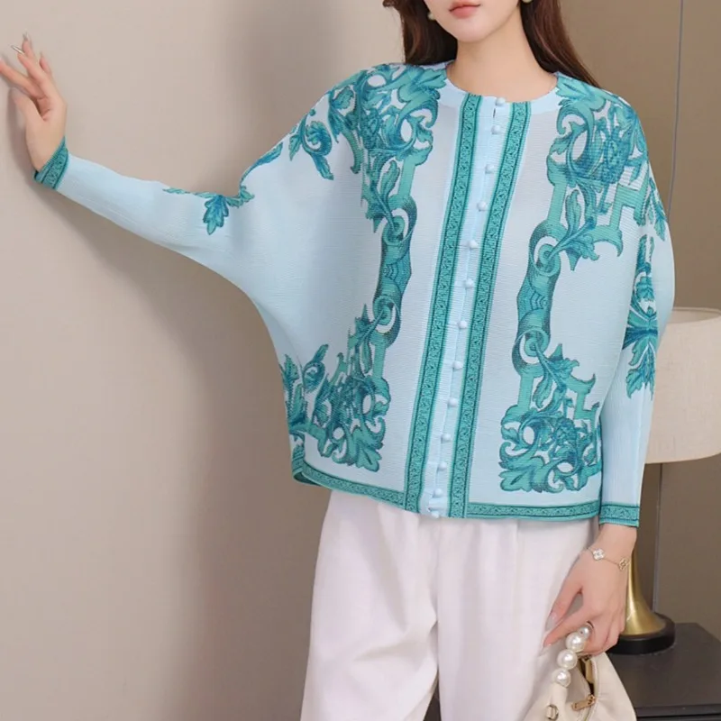 

Miyake Bat Sleeve Pleated Blouse Female Fall Vintage Printed Cardigan Spring Mom Blouse Simple Plus Size Women's Clothing