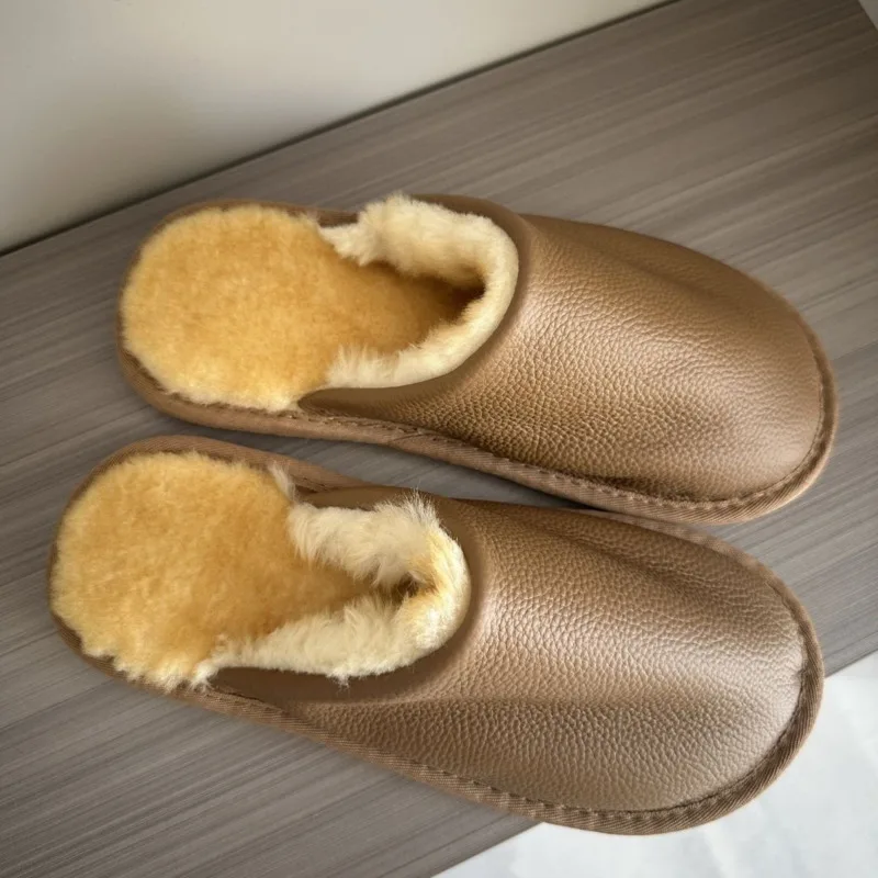 

Home Slippers For Men Women Genuine Leather Couples Indoor Winter Household Non-Slip Warm Thickened Sheepskin Fur Slides