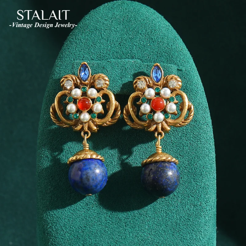 

Vintage Jewelry Flower Blue Drop Earrings Natural Stone Lapis Lazuli Pendant Antique For Woman Accessories Luxury 2025