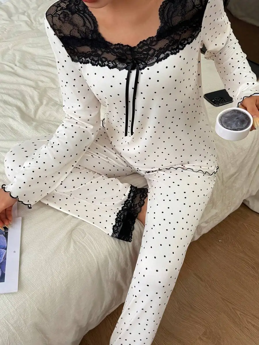 

Women Polka Dot Lace Trim Bow Tie Pajamas Set Soft Comfortable Loungewear