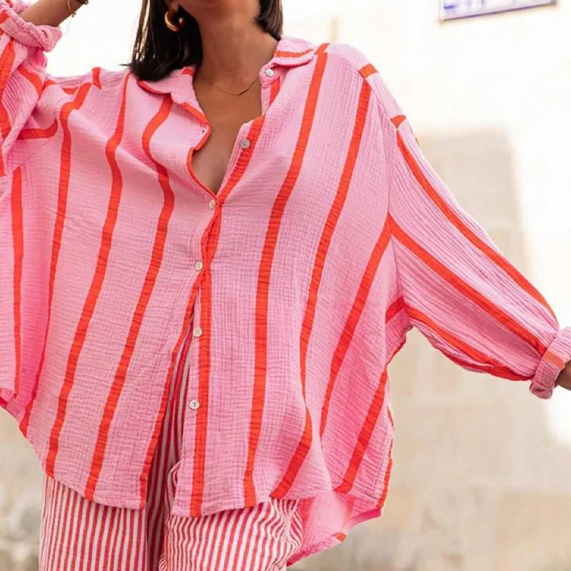 

Autumn New Women's Striped Long-sleeved Contrasting Single-breasted Shirt Loose Top Cardigan