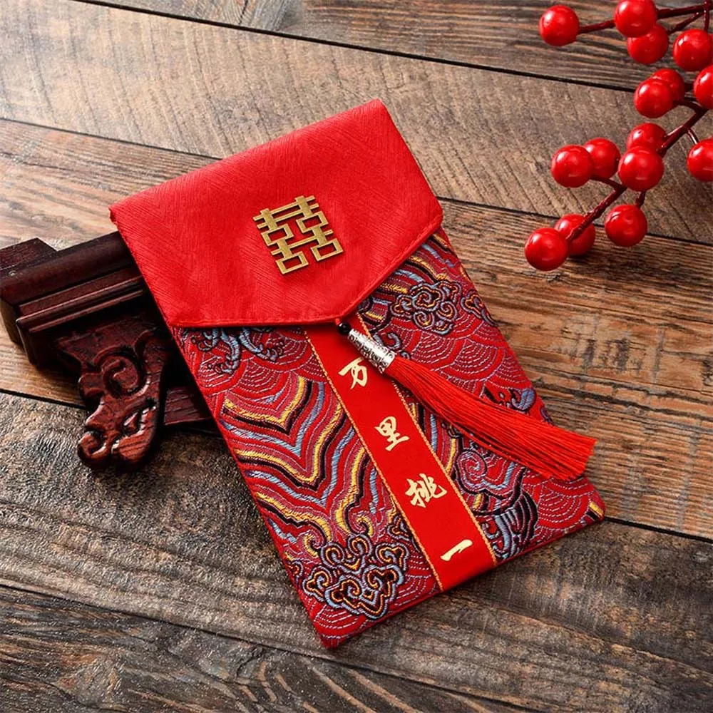 

New Year Blessing Words Brocade Red Envelope Spring Festival Brocade Cloth Tassel 2025 Money Pocket Embroidery Best Wishes