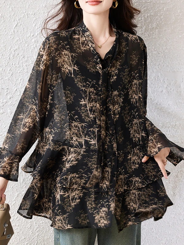 

Ele Sle Long Sve Floral Print irt Women's Loose Fit Slimming Faionable irt V-Ne Mid-Length Casual irt