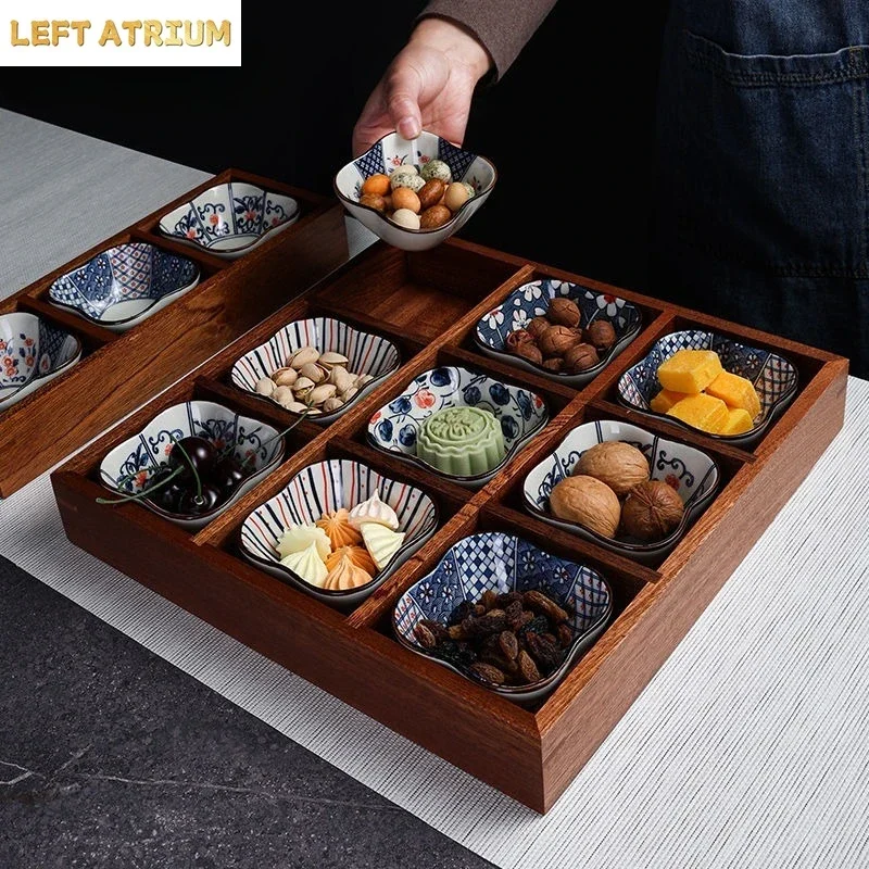 Furnace Brewed Tea Chinese Tea Point Plate Wooden Tray Multi-grid Dried Fruit Plate Snack Solid Wood Grid Fruit Plate