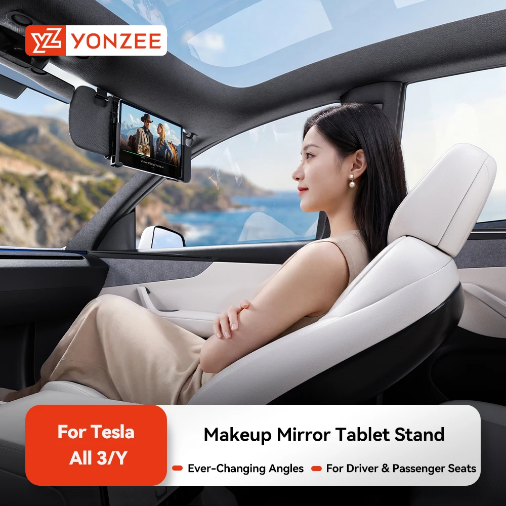 YZ For Tesla All Model 3/Y PC Flat Clamp Adjustable Universal Phone Tablet Stand Makeup Mirror Front-row Sun Visor Bracket