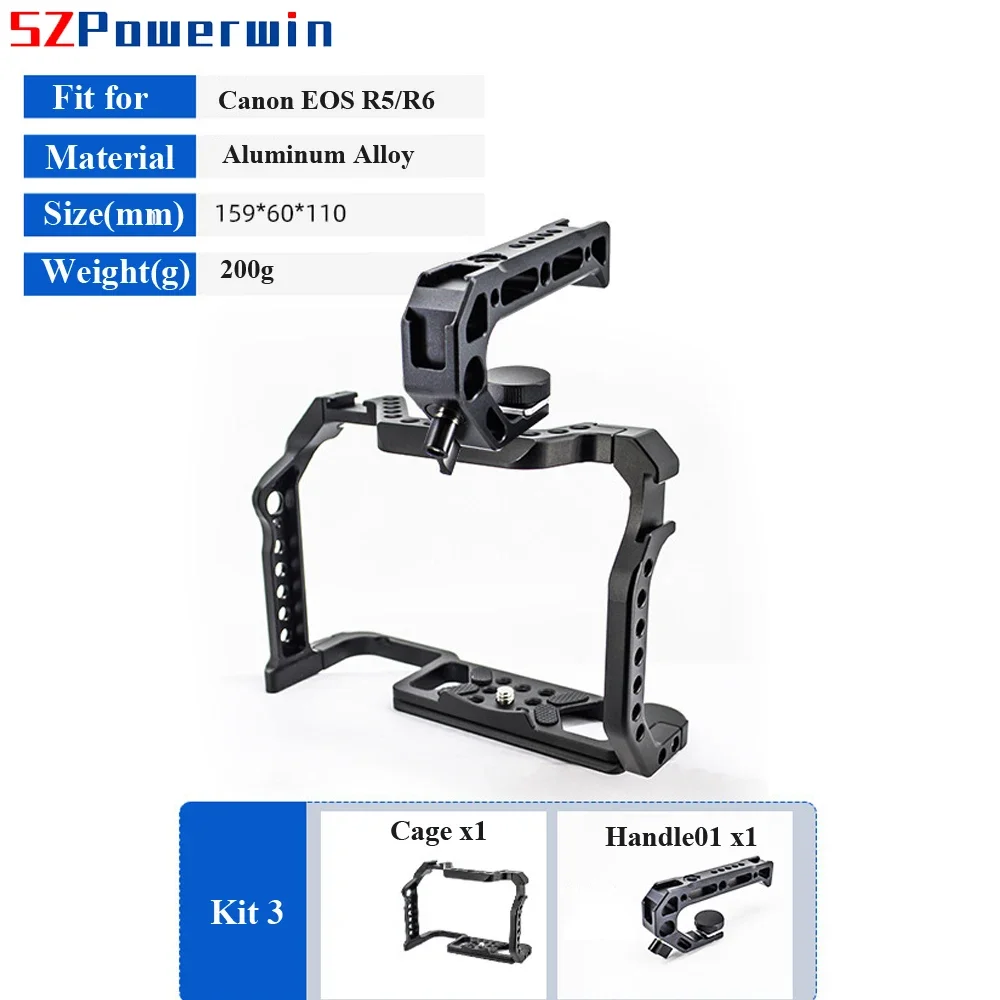 Powerwin For Canon EOS R5 R6 Camera Cage with wooden Handgrid Handle Kit Aluminum Alloy Multifunctional Arri Locating Screw