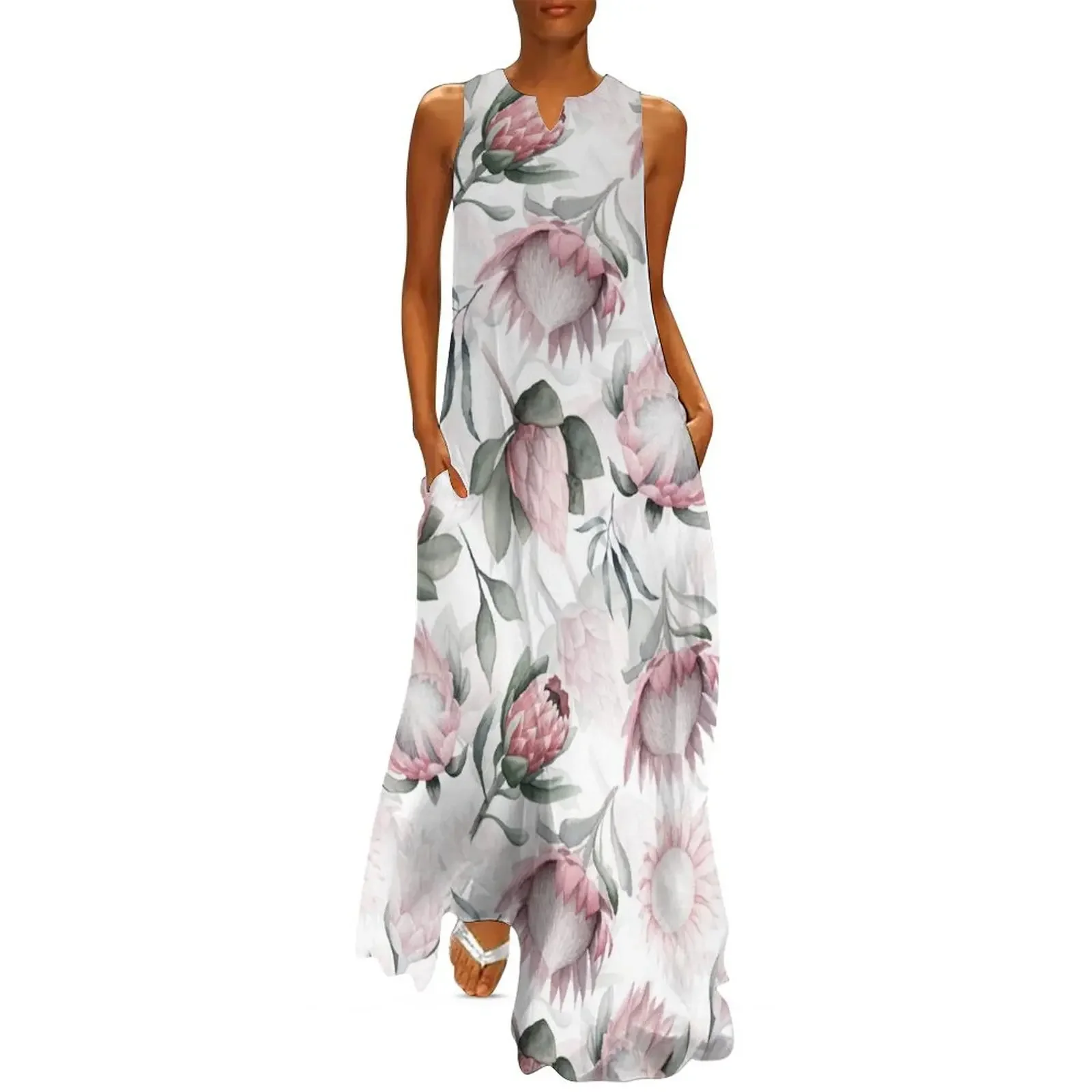 

Hand Painted Protea Watercolor Pattern Blush Long Dress Evening dresses women's summer dresses 2025 Dress