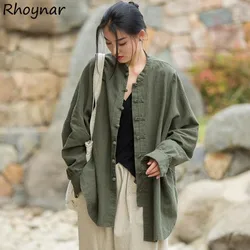 Vintage Shirt Women New Chinese Style Frog Solid Simple Leisure Loose Comfortable Single Breasted O-neck Minimalist Autumn Wear