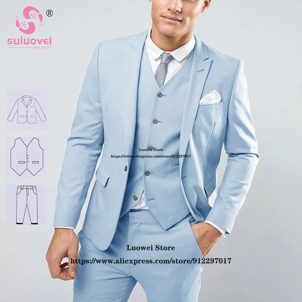 Fashion Light Grey Suits For Men Slim Fit 3 Piece Jacket Vest Pants Set Groom Wedding Peaked Lapel Tuxedo Business Costume Homme