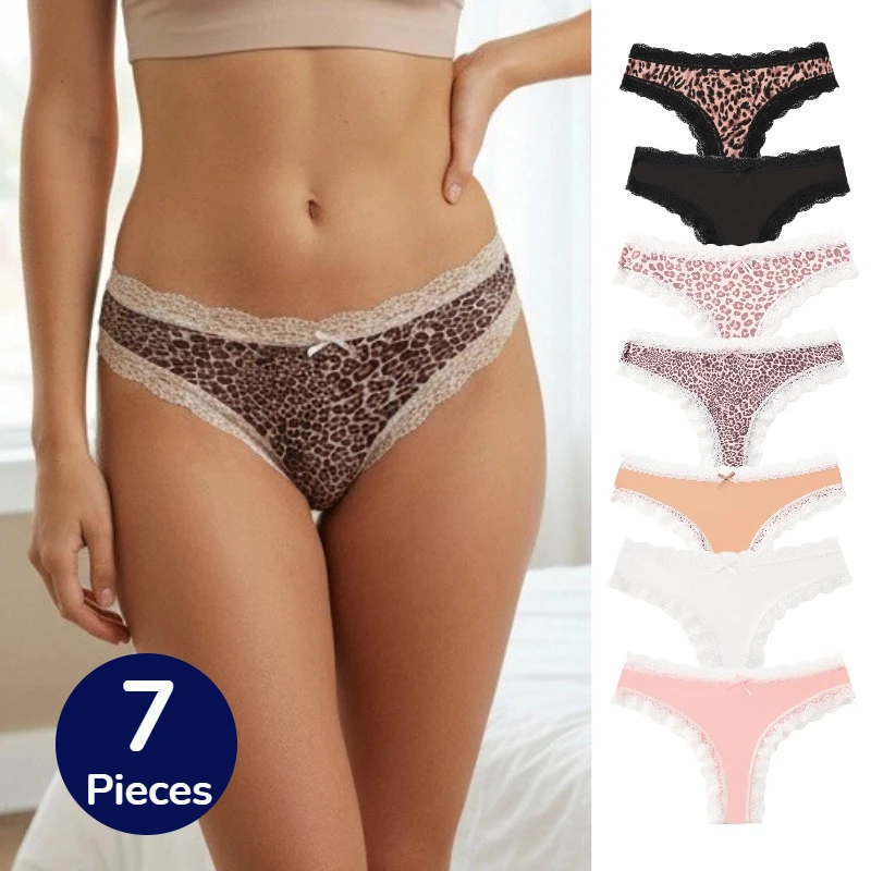 WarmSteps 7PCS Lace Women's Panties French Thongs Leopard Sexy Lingerie Flowers Soft Underwear Comfortable Breathable G-Strings