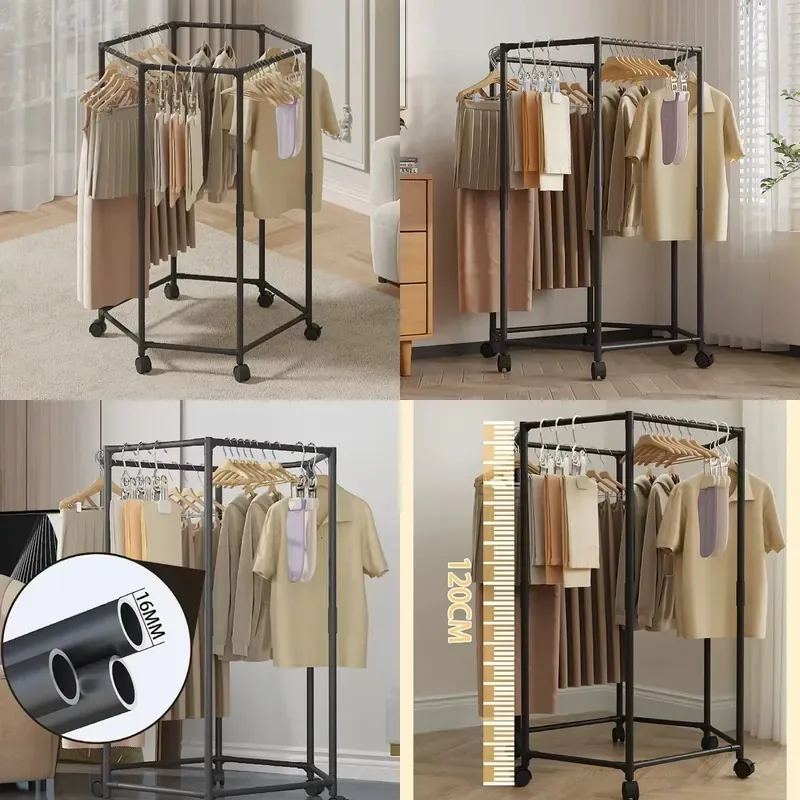 Double Stainless Steel Frame Clothing Rack with Removable Wheels Hooks and Shelves for Bedroom Laundry Room Balcony Storage