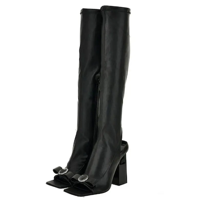 Women's New Square Head Fish Mouth Bow Decoration Super High Thick Heel Back Air Side Zipper Knee Length Cool Boots