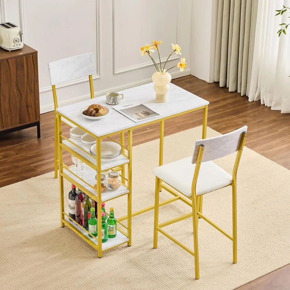 

White Imitation Marble 2-Piece Dining Set with Storage | Small Breakfast Bar Table and Chairs