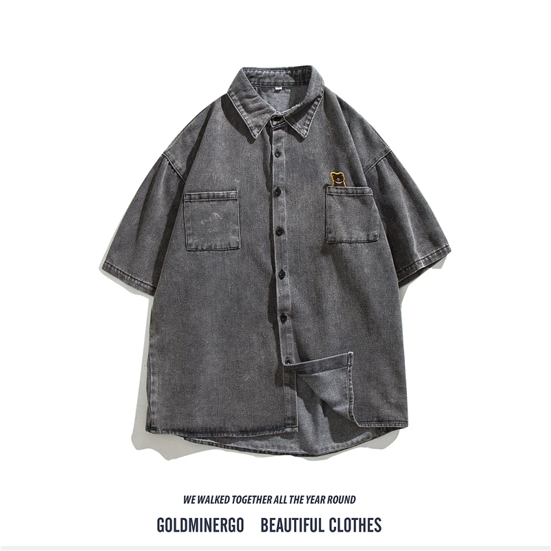 

Свободная джинсовая рубашка с вышивкой для мужчин, летняя молодежная модная повседневная рубашка из смесового хлопка, универсальная верхняя одежда свободного кроя