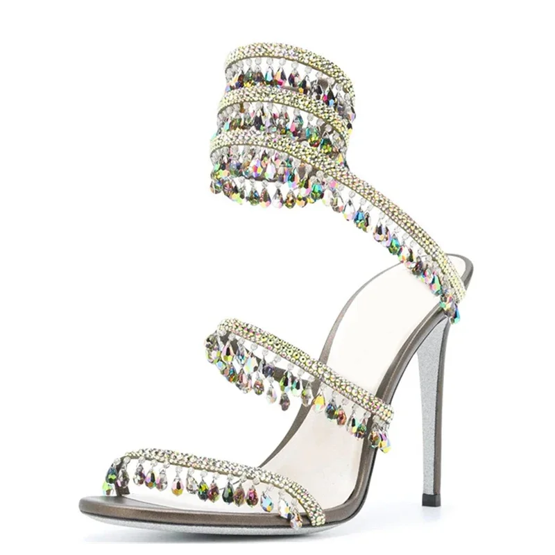 Crystal Pendant Ankle Snake Wrap Sandals Open Toe High Heels Wedding Bridal Shoes Woman Summer 2025 Fashion Luxury Pumps view 3