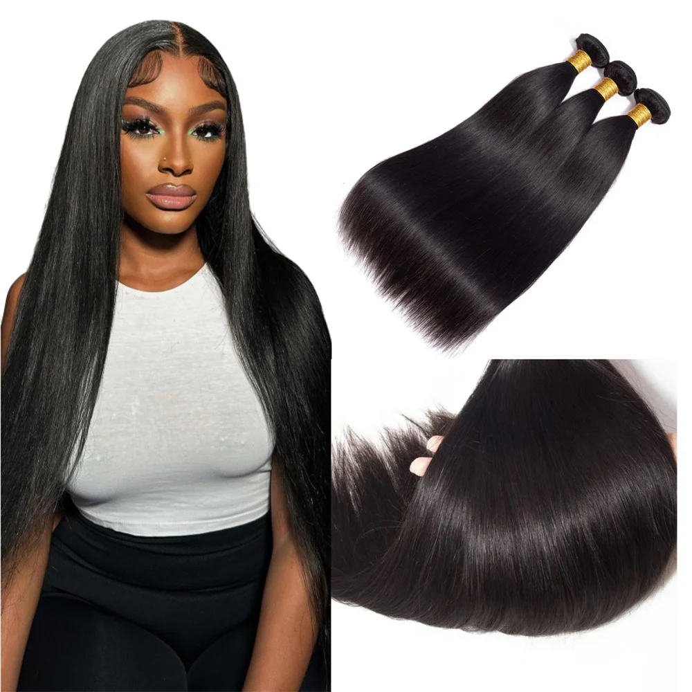 Straight Human Hair Bundles 1/3/4 Piece Brazilian Human Hair Extension Natural Weave Black 1B 24 26 28 30 Inch for Black Women