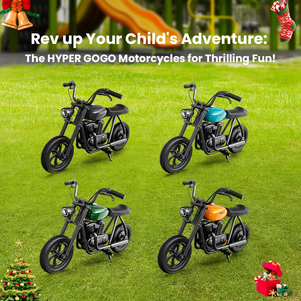 HYPER GOGO pionýr 12 elektrický sekáček motocykl pro děti 24V 5.2ah 160W s 12'x3' pneu, 12KM káča dosah