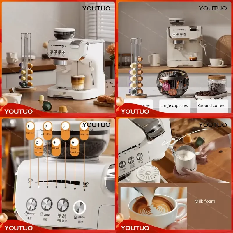 for 220V Capsule Coffee Machine Semi-automatic Home Use Espresso Americano Maker with Coffee Bean Grinding Function