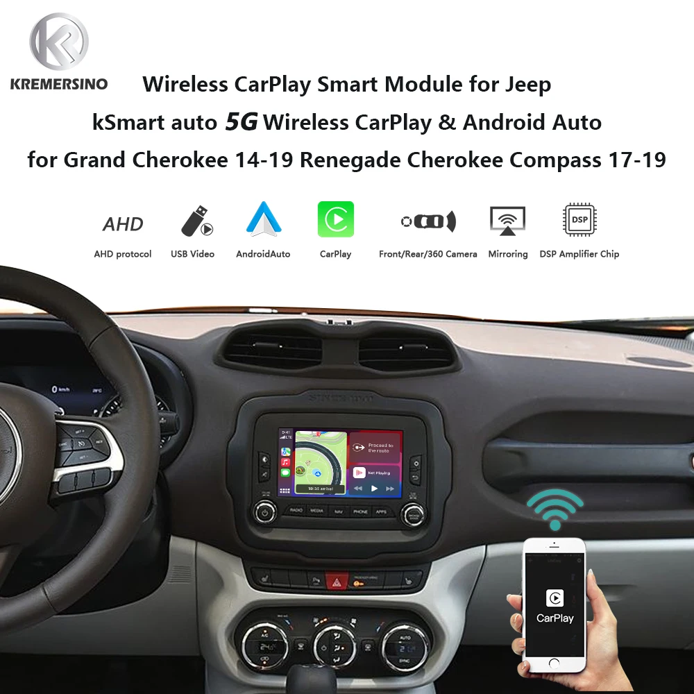 Wireless CarPlay AndroidAuto Smart Module for Jeep Grand Cherokee 14-19 Renegade Cherokee Compass 17-19