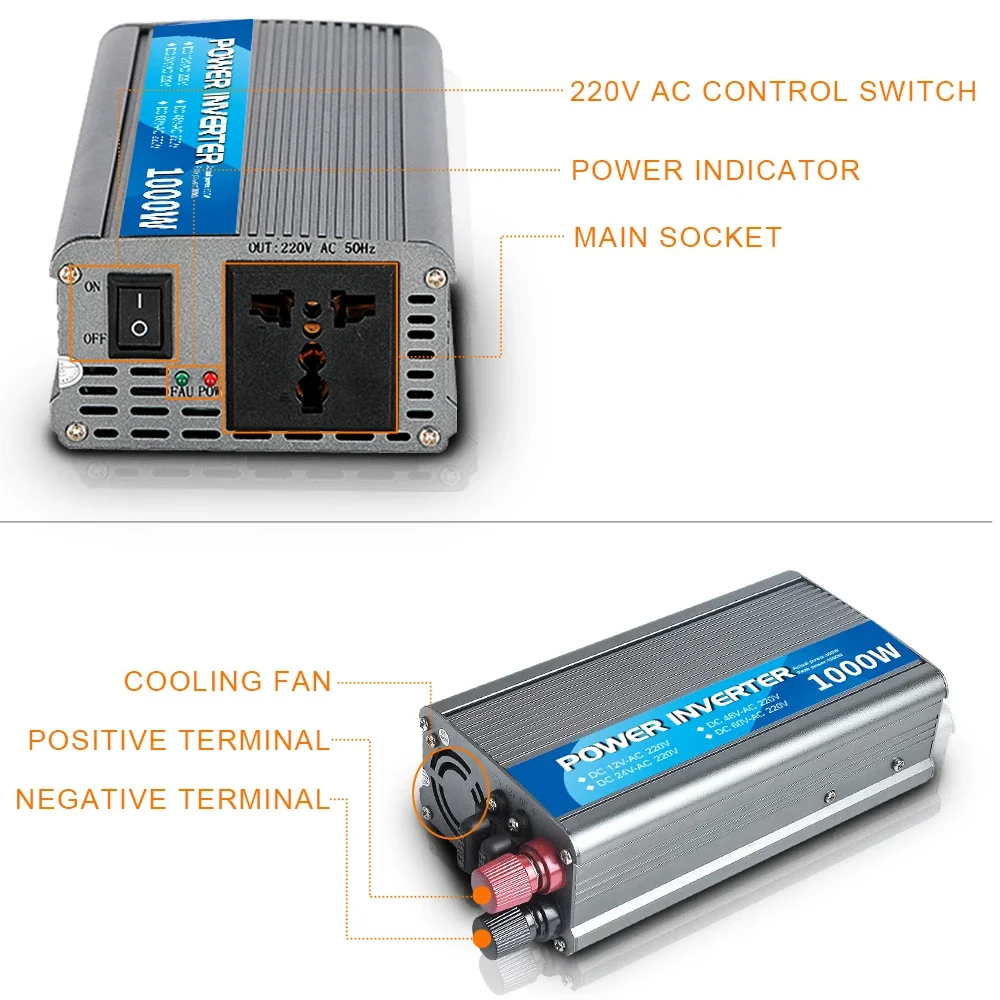 تيار مستمر 12 فولت إلى التيار المتناوب 220 فولت 1000 واط الذروة قوة سيارة عاكس الطاقة شاحن محول محول العالمي المقبس الأجهزة التبديل 500 واط Reated