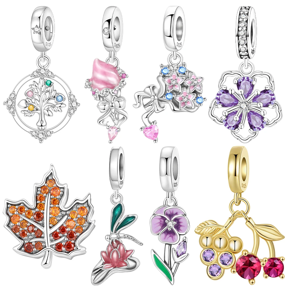 Tree Maple Leaf Dragonfly Flower Silver Plated Beads Original Charms Fit Bracelets Bag Keychain Charms Diy Women Gift Accessory