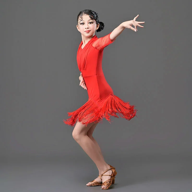 Girl Latin Tassel Dance Dress Ballroom Children Dance Costume Salsa Black Red Tango Dresses Dancing Stage Performance Clothing