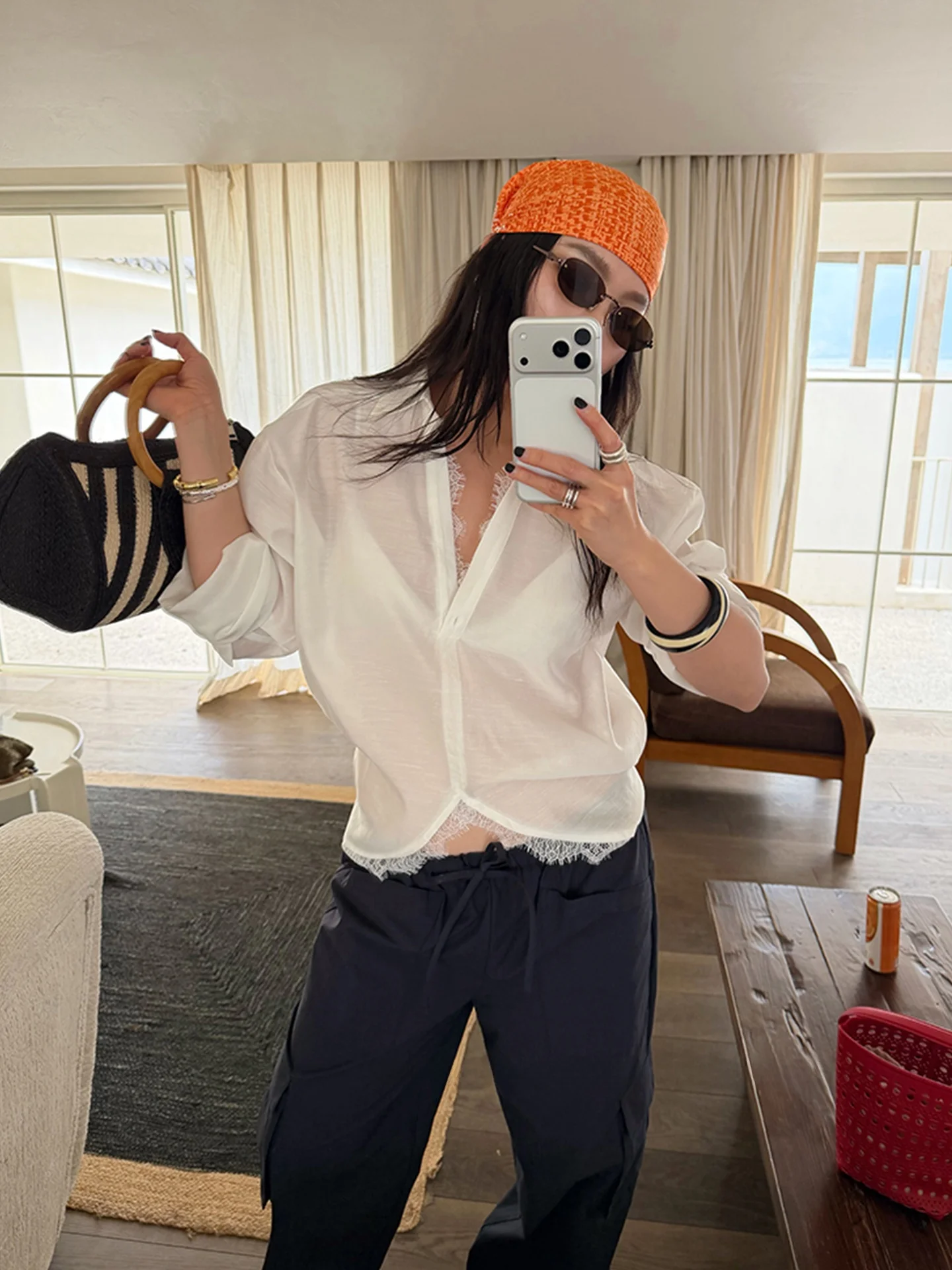 

Элегантная женская рубашка с защитой от солнца, с длинным рукавом, V-образным вырезом и кружевной отделкой, новый летний стиль, простой свободный кардиган